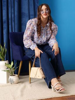 CURVY STREET - Blue Floral Polyester Shirt