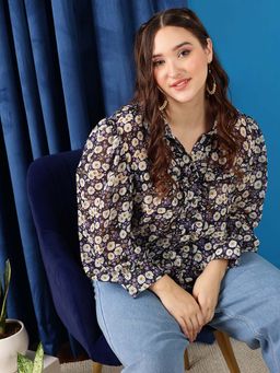 CURVY STREET - Black Floral Polyester Shirt