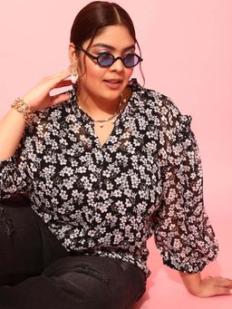 CURVY STREET - Black Floral Polyester Shirt