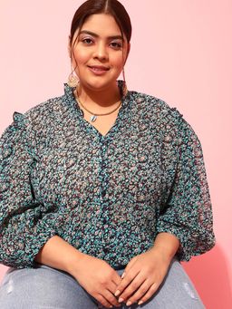 CURVY STREET - Blue Floral Polyester Shirt