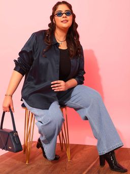 CURVY STREET - Navy Blue Solid Polyester Shirt