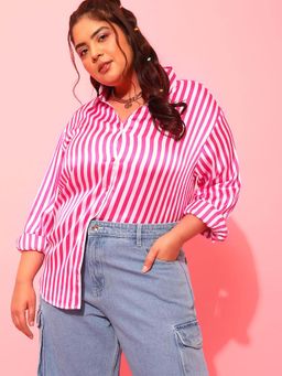 CURVY STREET - Pink Stripes Polyester Shirt