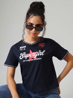 Free Authority - Navy Blue Printed Cotton Relaxed T-shirt