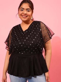 CURVY STREET - Black Embellished Polyester Regular Top