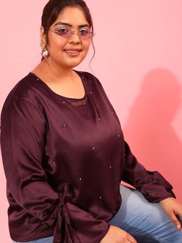 CURVY STREET - Burgundy Embellished Polyester Regular Top