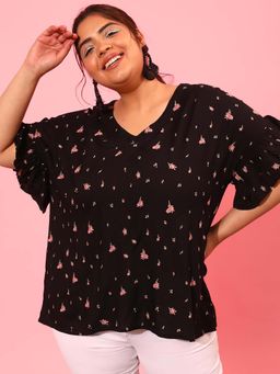 CURVY STREET - Black Floral Polyester Regular Top