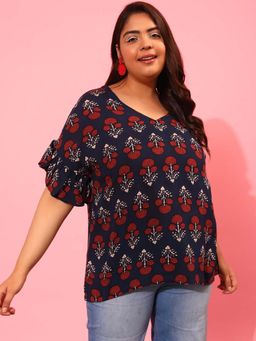 CURVY STREET - Navy Blue Floral Polyester Regular Top