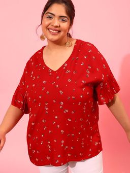CURVY STREET - Red Floral Polyester Regular Top