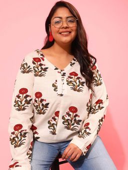 CURVY STREET - Off White Floral Polyester Regular Top