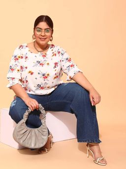 CURVY STREET - White Floral Polyester Regular Top