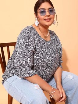 CURVY STREET - Navy Blue Floral Polyester Regular Top