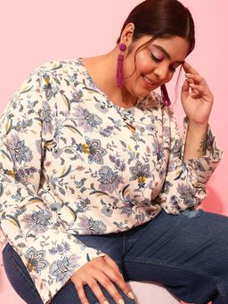 CURVY STREET - Cream Floral Polyester Regular Top