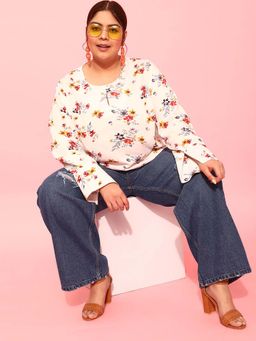 CURVY STREET - White Floral Polyester Regular Top
