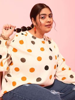 CURVY STREET - Cream Polka Dots Polyester Regular Top