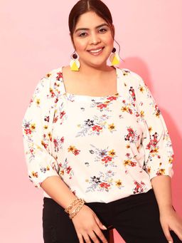CURVY STREET - White Floral Polyester Regular Top