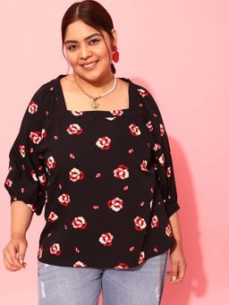 CURVY STREET - Black Floral Polyester Regular Top