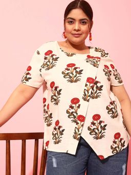 CURVY STREET - Cream Floral Polyester Regular Top
