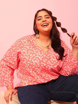 CURVY STREET - Peach Floral Polyester Regular Top