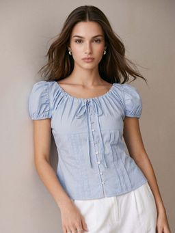 Outzidr - Blue Solid Cotton Regular Top