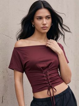 Outzidr - Brown Solid Polyester Slim Crop Top