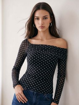 Outzidr - Black Polka Dots Polyester Blend Slim Top