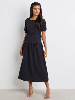 Styli - Black Round Neck Tiered Midi Dress With Drawstring Detail
