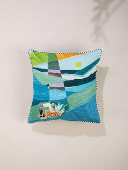 Freedom Tree - Tending The Land Blue Fields Narrative Printed Cotton Square Cushion Cover (18 X 18)