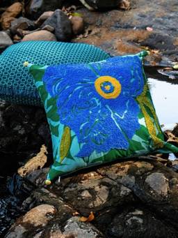 Freedom Tree - Himalyan Poppy Blue Floral Printed Cotton Square Cushion Cover (16 x 16 inches)