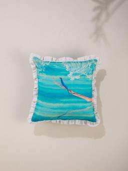 Freedom Tree - Pica Pica Spring Teal Narrative Printed Cotton Square Cushion Cover (16 x 16 inches)