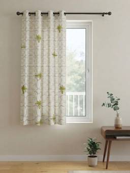 Freedom Tree - Temple Palms Printed White Cotton Light Slub Window Curtain (5 Feet)