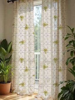 Freedom Tree - Temple Palms Printed White Cotton Light Slub Door Curtain (7 Feet)