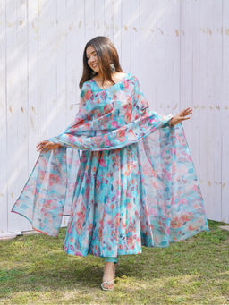 THE52 - Blue Floral Printed Organza Silk Flared Anarkali with Pant and Dupatta