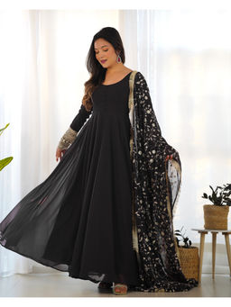 THE52 - Black Embroidery Work Fox Georgette Flared Anarkali with Pant and Dupatta