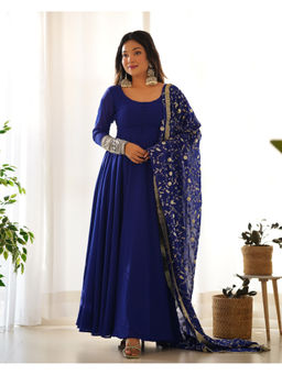 THE52 - Blue Embroidery Work Fox Georgette Flared Anarkali with Pant and Dupatta