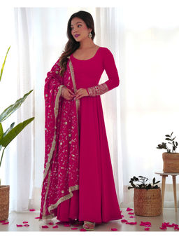 THE52 - Pink Embroidery Work Fox Georgette Flared Anarkali with Pant and Dupatta