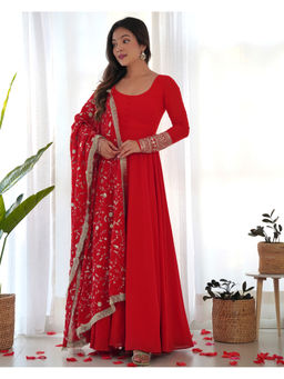 THE52 - Red Embroidery Work Fox Georgette Flared Anarkali with Pant and Dupatta