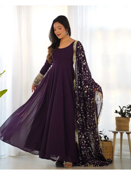 THE52 - Wine Embroidery Work Fox Georgette Flared Anarkali with Pant and Dupatta