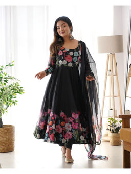 THE52 - Black Floral Printed Organza Silk Flared Anarkali with Pant and Dupatta