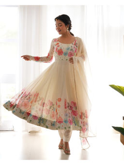 THE52 - Cream Floral Printed Organza Silk Flared Anarkali with Pant and Dupatta
