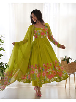THE52 - Green Floral Printed Organza Silk Flared Anarkali with Pant and Dupatta
