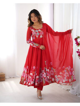 THE52 - Red Floral Printed Organza Silk Flared Anarkali with Pant and Dupatta