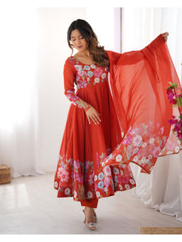 THE52 - Rust Floral Printed Organza Silk Flared Anarkali with Pant and Dupatta