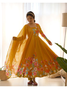 THE52 - Yellow Floral Printed Organza Silk Flared Anarkali with Pant and Dupatta