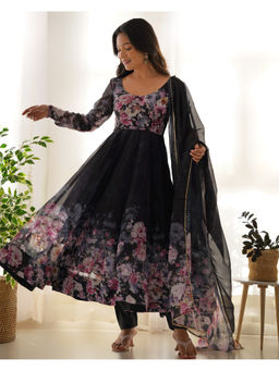THE52 - Black Floral Printed Organza Silk Flared Anarkali with Pant and Dupatta