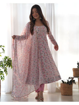 THE52 - Pink Floral Printed Chiffon Flared Anarkali with Pant and Dupatta