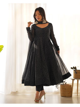 THE52 - Black Laheriya Print Fox Georgette Flared Anarkali with Pant and Dupatta