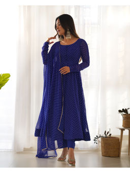 THE52 - Blue Laheriya Print Fox Georgette Flared Anarkali with Pant and Dupatta