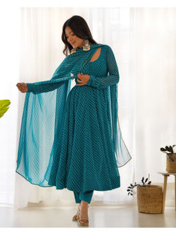 THE52 - Blue Laheriya Print Fox Georgette Flared Anarkali with Pant and Dupatta