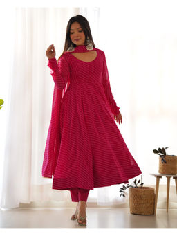 THE52 - Pink Laheriya Print Fox Georgette Flared Anarkali with Pant and Dupatta