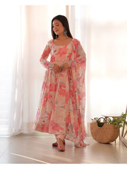 THE52 - Peach Floral Printed Fox Georgette Flared Anarkali with Pant and Dupatta